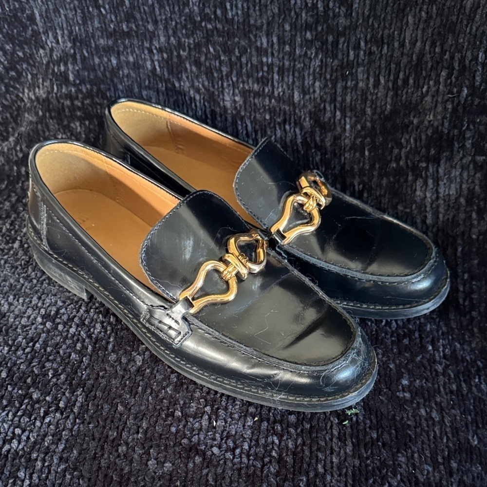 Zara Black Loafers with Gold Buckle